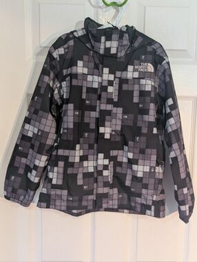 The North Face Boy's Jacket Spring Rain Shell Black Grey Checkered Size 7/8